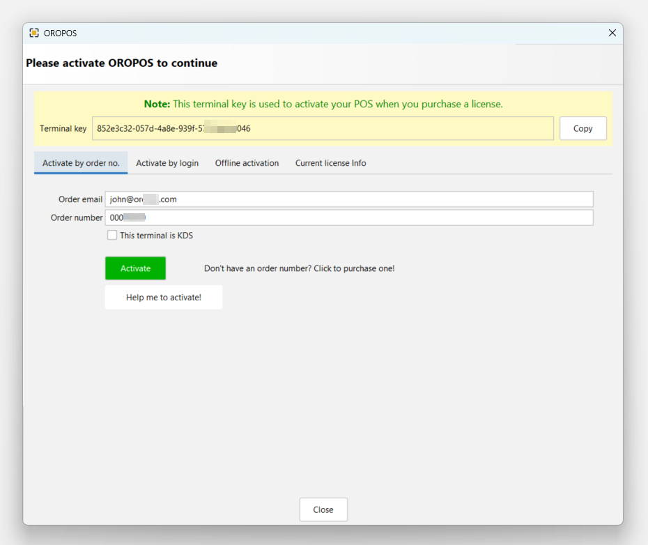 ORO POS 1.6.x activation screen