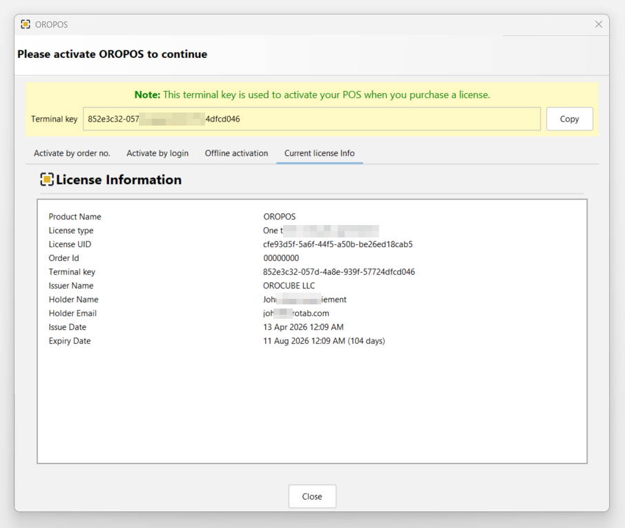 Current license Info tab showing active license